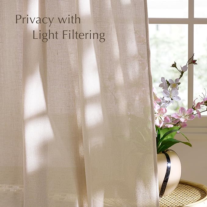 NICETOWN Semi Sheer Light Filtering 120 inches Long Curtains, Back Tab/Rod Pocket with Pleat Tape Thick Linen Privacy Added Window Treatments for Bedroom, Angora, W52 x L120, 2 Panels
