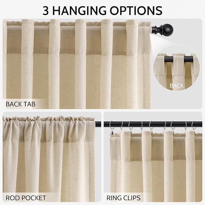 Extra Long Curtain 108 Inches Long Set Back Tab Tan Linen Drapes for Living Room Neutral Farmhouse Light Filtering Semi Sheer Linen Curtains 108 Inch Length for Large Window 9 FT, 2 Panels
