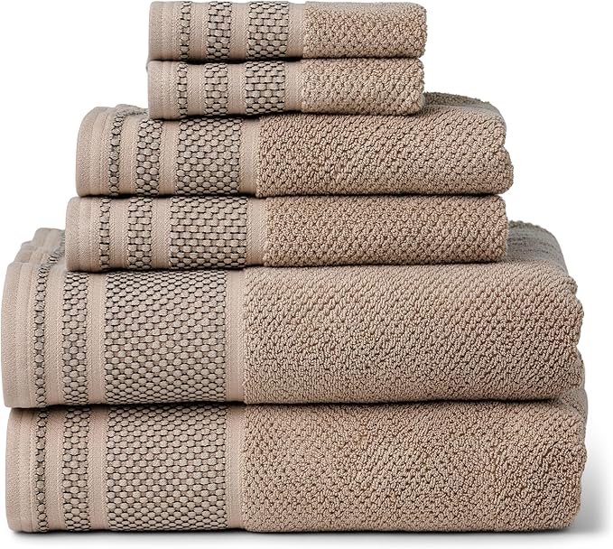 Texere 100% Organic Cotton Rice Weave Jacquard 700 GSM Luxury Bath Towel Sets - 2 Large Bath Towels, 2 Hand Towels, 2 Washcloths (Rice Weave, Oxford Tan, 6 Piece)