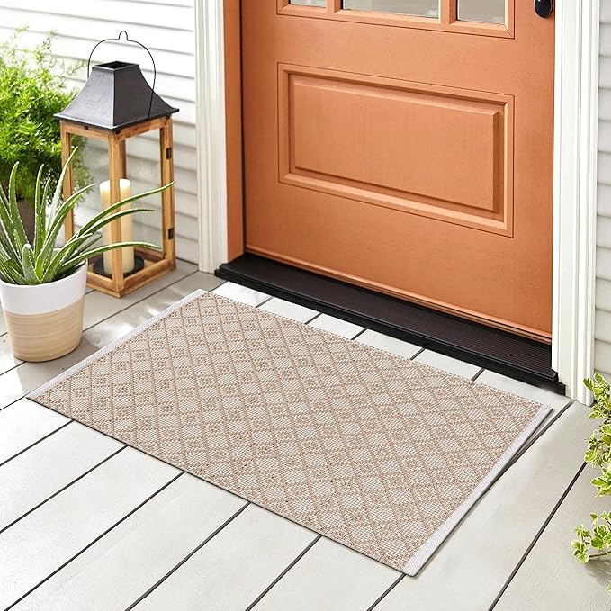 Cotton Diamond Woven Area Rug 2x3 Feet - Beige, Anti Slip Decorative Durable Boho Front Door Throw Mats Ideal for Entryway, Kitchen, Office | Teal Farmhouse Indoor Daily Use Patio Rugs for Bedroom