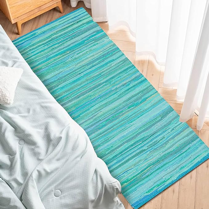 Cotton Hand Woven Chindi Runner Rug 2x6 Feet - Teal, Durable Rectangular Large Door Way Rag Rugs Ideal for Hallways, Kitchen, Bedroom, Nursery Room | Green Soft Reversible Floor Mat for Kids Space