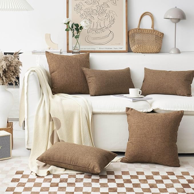 Home Brilliant Brown Throw Pillows for Couch Set of 2 Lined Linen Throw Pillow Covers for Bench Sofa, 22x22 inches, 55 cm