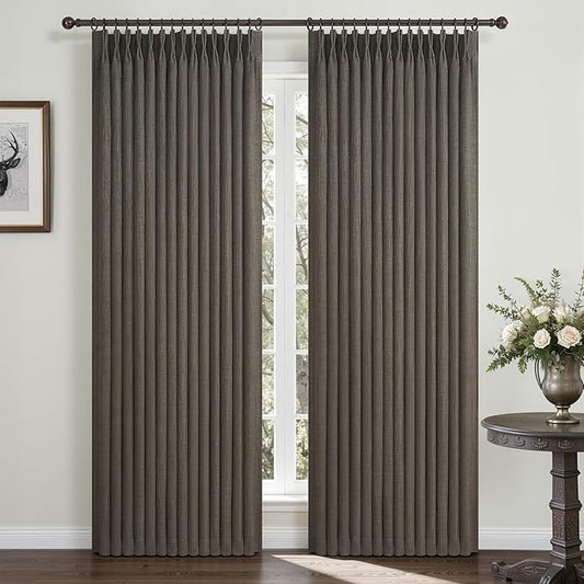 PleatedDrapes Blackout Chocolate Tart Curtains 78 Inches Long 2 Panel Set for Nursery, Memory Trained Pinch Pleat Flax Linen Modern Window Drapes Thermal Kids Room Darkening Double Layer Thick Curtain