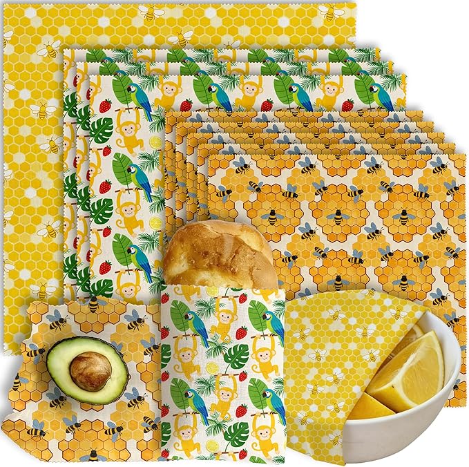 Reusable Beeswax Wraps, 9 Pack Eco-Friendly Food Storage, Organic, Sustainable, Zero Waste, Plastic-Free, for Sandwich, Fruit, Bowl, Bread, 1XL, 3M, 5S, Bees Honeycomb Monkey Parrot Patterns