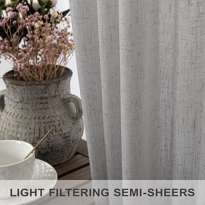 Pitalk Light Grey Linen Curtains 102 Inches Long for Living Room 2 Panels Set Back Tab Pocket Large Window Drape Semi Sheer Dove Silver Gray Curtain 102 Length for Patio Sliding Door Bedroom Farmhouse