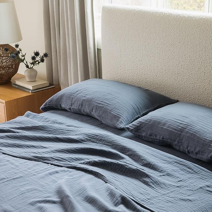 Oasis Full Sheet Set, Coastal Blue 100% Cotton Gauze 4-Pc. Sheet Set, Oeko-TEX Certified Full Sheets, with Flat Sheet, Fitted Sheet and 2 Pillowcases, Earth Tone Bedding