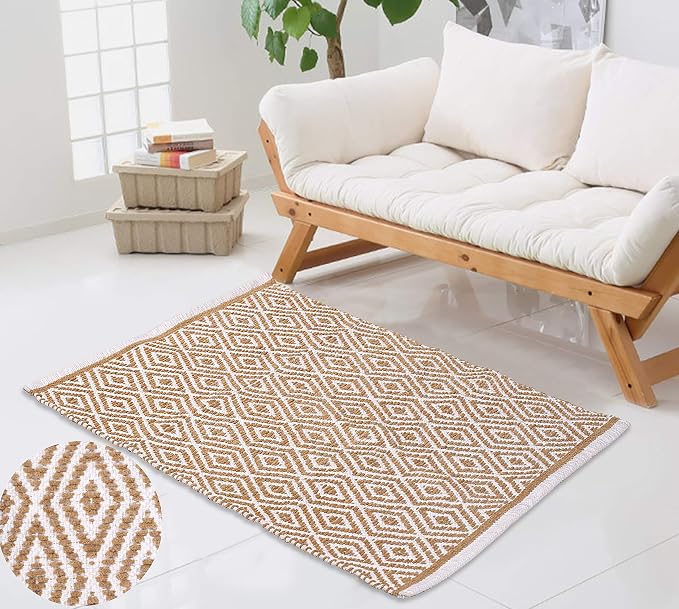 Chenille Cotton Diamond Rug 21x34 Inches - Linen, Reversible Small Soft Washable Front Door Mat Ideal for Kitchen, Entryway, Bathroom | Beige Farmhouse Boho Accent Indoor Throw Rugs for Patio