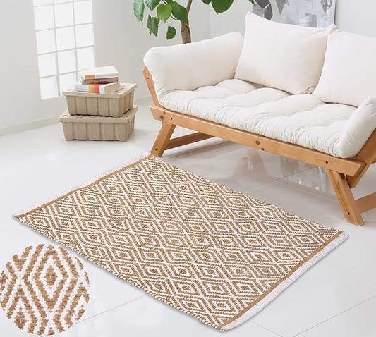 Chenille Cotton Diamond Rug 21x34 Inches - Linen, Reversible Small Soft Washable Front Door Mat Ideal for Kitchen, Entryway, Bathroom | Beige Farmhouse Boho Accent Indoor Throw Rugs for Patio