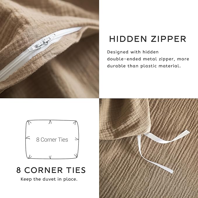 SE SOFTEXLY Muslin Duvet Cover California King Size, 100% Washed Cotton Duvet Cover Set, Ultra Soft Comforter Cover Linen Like, 3 Pieces Gauze Duvet Cover with 2 Pillowcases, 98"x104", Light Brown