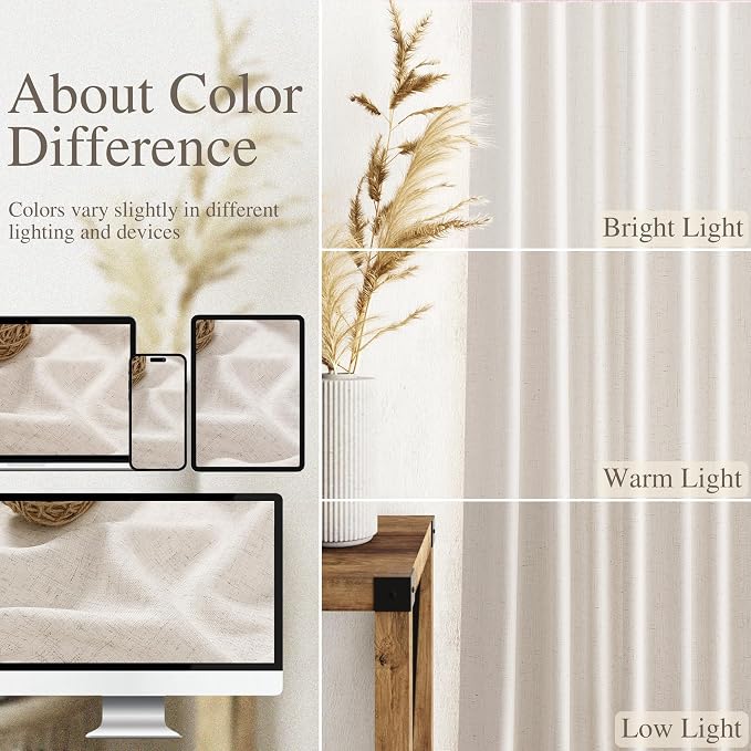 Beige Linen Curtains 84 Inches Long for Bedroom Back Tab Light Filtering Privacy Sheer Curtains Modern Farmhouse Coastal Decor Linen Cotton Textured Gauze Curtain for Living Room 2 Panel Set 36x84
