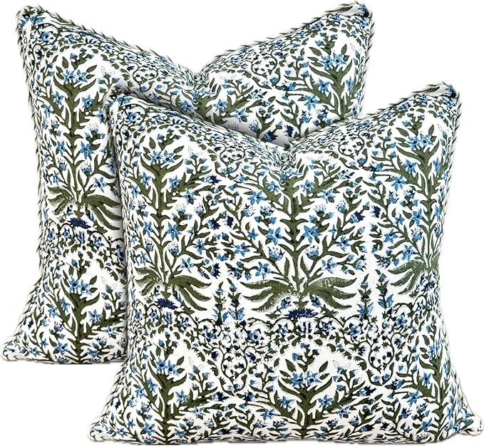 ATOSII Block Print Throw Pillow Covers, 20" X 20" - Set of 2, Decorative Couch Pillows for Living Room Bed Sofa, 100% Cotton Canvas Pillow Case for Home Decor & Outdoors, Preppy Throws - Nargis Blue