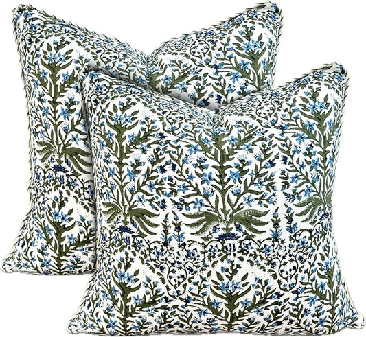 ATOSII Block Print Throw Pillow Covers, 18" X 18"- Set of 2, Decorative Couch Pillows for Living Room Bed Sofa, 100% Cotton Canvas Pillow Case for Home Decor & Outdoors, Preppy Throws - Nargis Blue