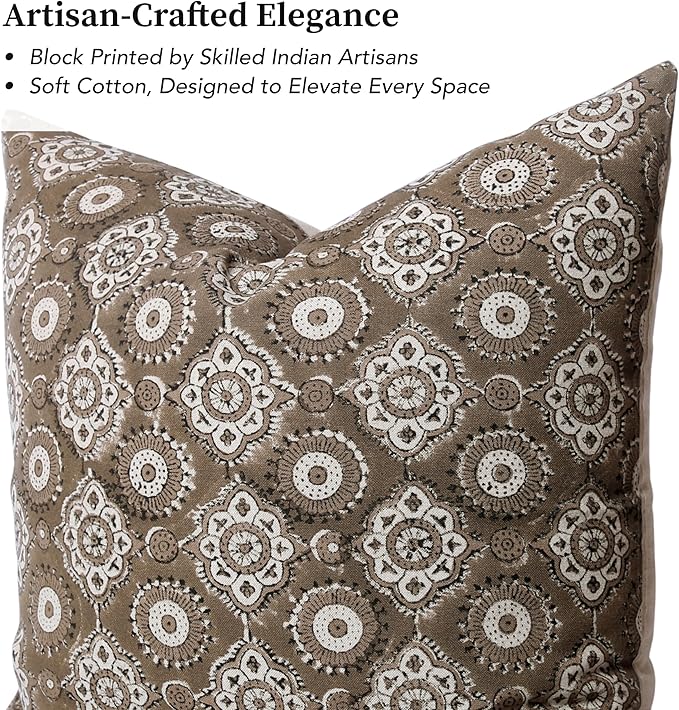Handmade Block Print 100% Thick Cotton 20 x 20 inch Throw Pillow Cushion Cover with Zipper - Pillowcase for Bedroom, livingroom, Couch, Sofa, Outdoor, Chair, Bed, Home Décor-Uma (Gauntlet Gray)