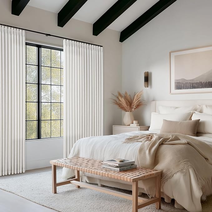 Beige White 94 Inch Pinch Pleated Linen Curtains for Living Room Bedroom Dining Boho Country Light Filtering Pinch Pleat Drapes with Hooks Rings Back Tab Semi Sheer Window Curtains 2 Panels Set 50x94