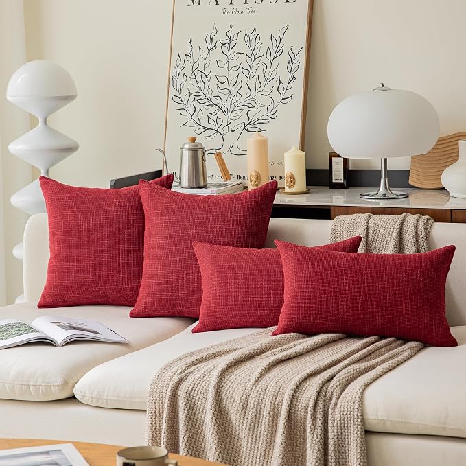 Kevin Textile Christmas Farmhouse Faux Linen Decorative Throw Pillow Case Cushion Cover Pillowcase for Sofa 18 x 18 Inch/45cm x 45cm, Set of 2, Red