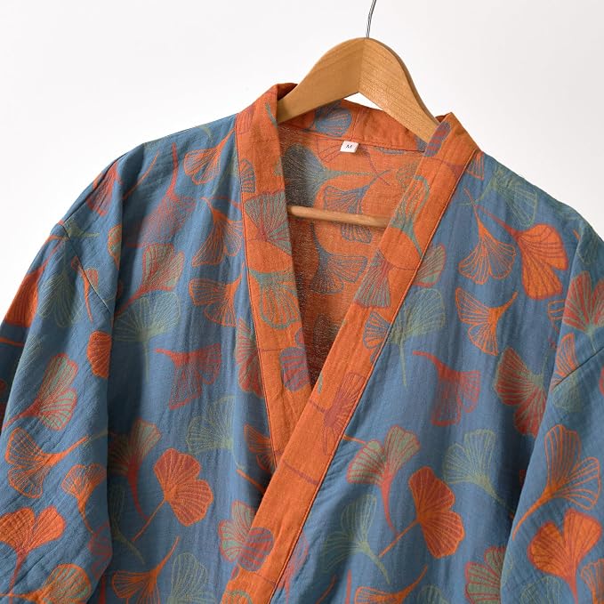 100% Cotton Gauze Ginkgo Leaf Kimono Robe, Long Knit Loose Bathrobe Nightgown Ladies Loungewear Sleepwear for Women