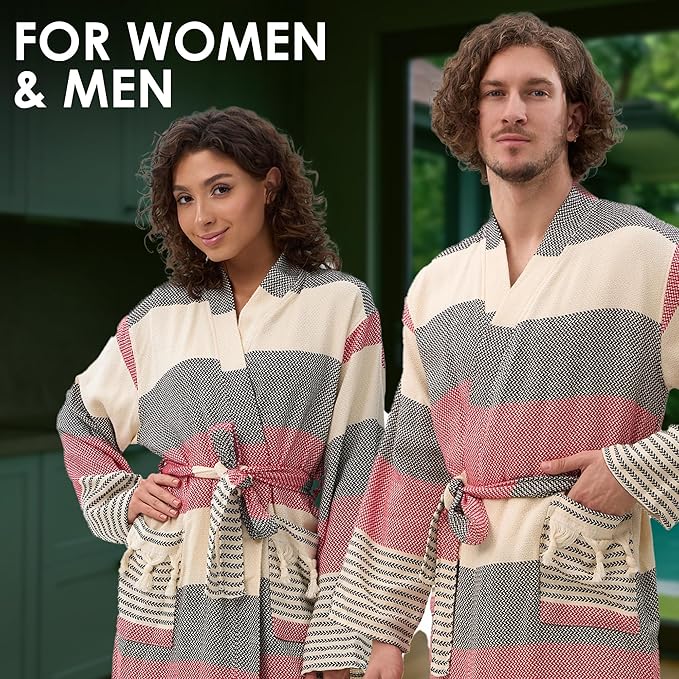 ATANI 100% Turkish Cotton Bathrobe S-XXL for Women & Men – Peshtemal Style Soft Cozy Lounge Robe, Absorbent & Lightweight