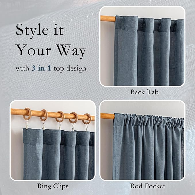 MYSKY HOME Extra Long Sheer Curtains Farmhouse, Sliding Door Curtain for Living Room Light Filtering Privacy Protect Soft Linen Blend Back Tab Window Drapes, 50" x 108", Dusty Blue, 2 Panels