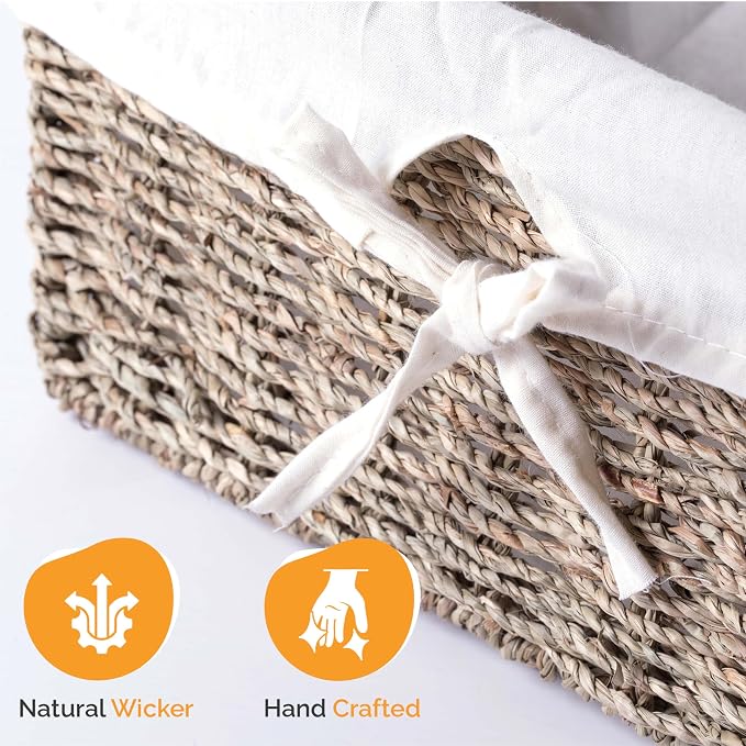 Vintiquewise Wicker Basket with White Lining, Seagrass Small Empty Gift Basket, Cute Wicker Basket for Gifts, Shelf or Toilet Tank Organizer