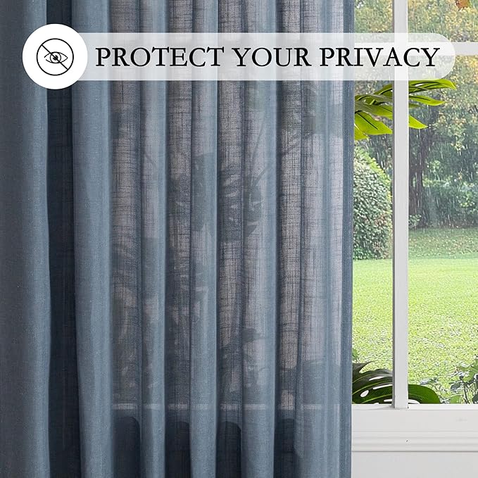 MYSKY HOME Short Semi Sheer Curtains for Bedroom 63 Inches Long Light Filtering Privacy Drapes for Small Window Linen Look Boho Home Decor Curtain for Parties, 50" x 63", Dusty Blue, 2 Pieces