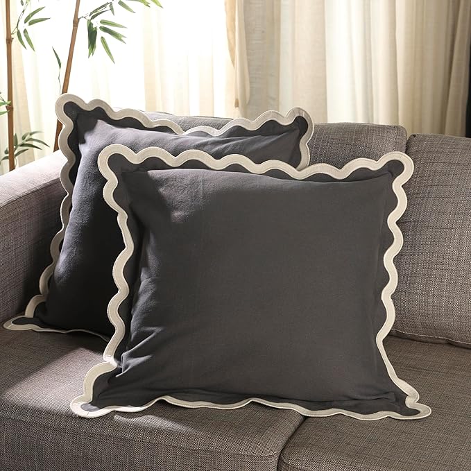 Folkulture Throw Pillow Covers 20x20, Set of 2 Cotton Scalloped Pillow Cover, Decorative Pillows, Cute Outdoor Pillows, Boho Throw Pillows for Couch, Gray Pillow Covers, Couch Pillows for Living Room
