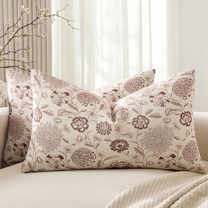 100% Cotton Botanical Throw Pillow Covers Set of 2, 12x20 Inch Taupe, Farmhouse Double-Sided Floral Print Decorative Cushion Covers Pillow Cases Boho Home Decor