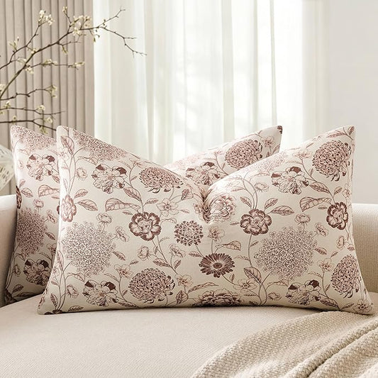 100% Cotton Botanical Throw Pillow Covers Set of 2, 12x20 Inch Taupe, Farmhouse Double-Sided Floral Print Decorative Cushion Covers Pillow Cases Boho Home Decor