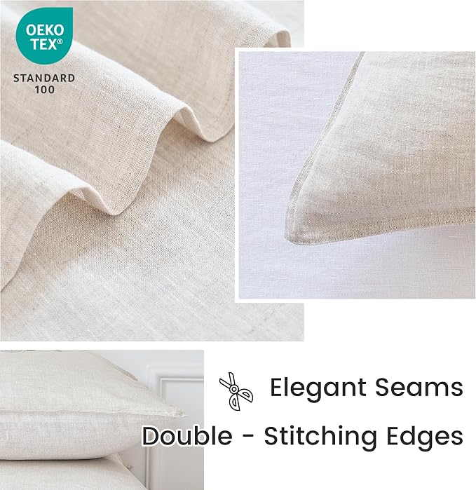 Simple&Opulence 100% Linen Euro Shams 26'' x 26'' Pack of 2, Embroidery Rosefinch Design Natural Flax Farmhouse Decorative Square Throw Pillow Covers for Bed Couch Sofa - Linen