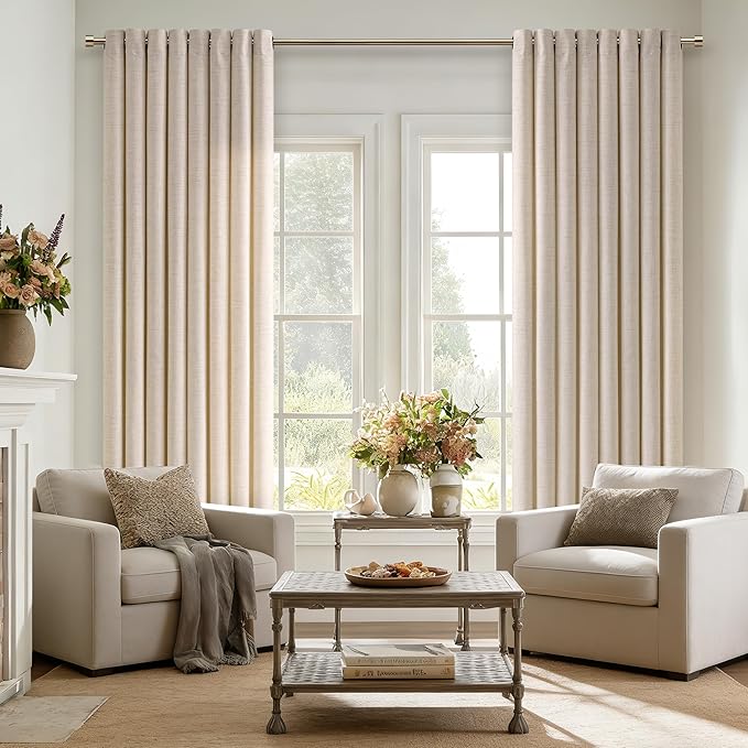 90 Inch Length 2 Panels Oatmeal Beige Linen Curtains Light Filtering Semi Sheer Grommet Drapes Thick Linen Privacy Boho Farmhouse Window Curtain for for Bedroom Sliding Door 52x90