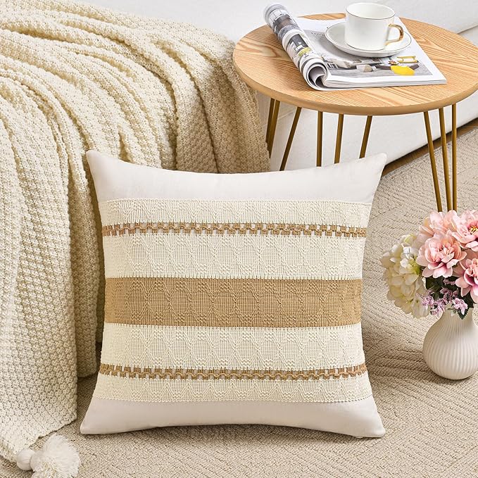 Fancy Homi Set of 2 Tan Neutral Euro Decorative Throw Pillow Cover 26x26 Inch for Couch Bed Bedroom, Aesthetic Modern Organic Farmhouse Boho Room Decor, Soft Cotton Accent Macrame Woven Cushion Case