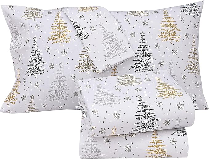 RUVANTI Flannel Sheets Queen Size - 100% Cotton Double Brushed Bed Sheets, Deep Pockets 16 Inches Queen Sheet Set, All Seasons Breathable & Extra Soft - Warm & Cozy, 4 Piece, Christmas Tree