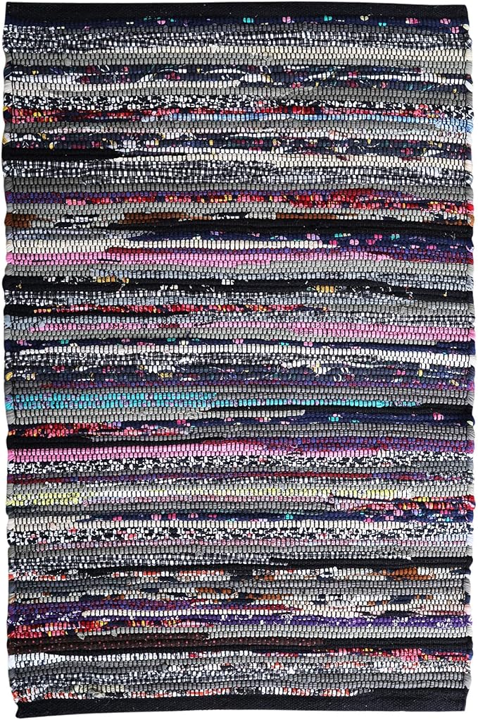 Ramanta Home 100% Cotton Chindi Hosiery Rug 24x36 Inch - Dark Multi, Farmhouse Reversible Soft Bohemeian Rugs Ideal for Entryways, Kitchen, Bedroom | Durable Lightweight Handmade Accent Doormat