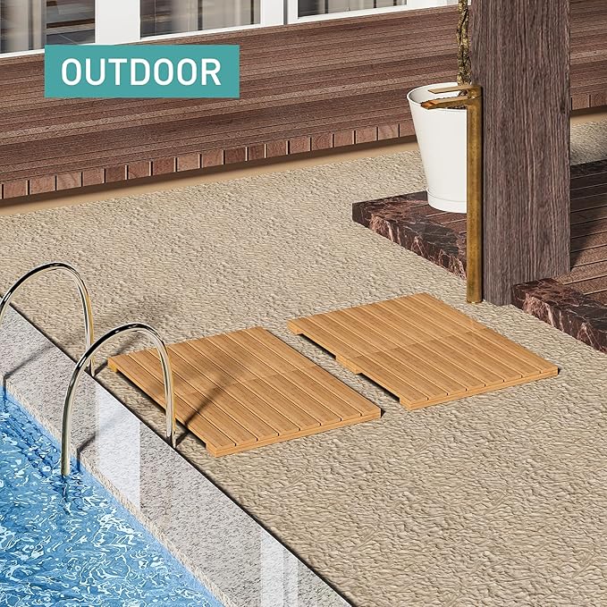 Waterproof Bamboo Bath Mat for Shower, Wooden Floor Mat for Bathroom, Foldable | Non-Slip | Heavy Duty, Shower Mat for Indoor Outdoor, 23.54in x 15.63in