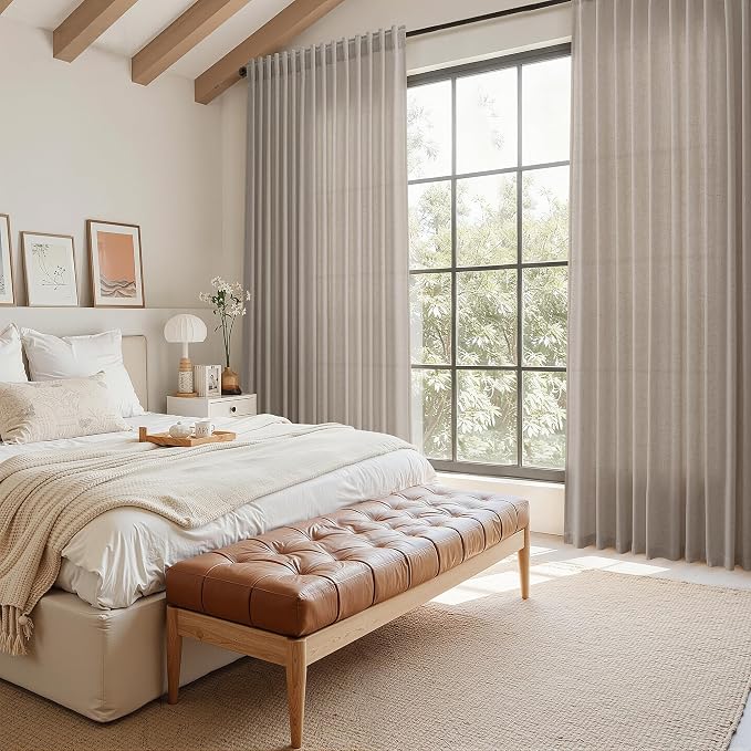 Nanspring Ecru Linen Curtains 96 Inches Long for Living Room Rustic Luxury Light Filtering Semi Sheer Curtain Back Tab Burlap Flax Natural Farmhouse Decor Drapes for Bedroom 52x96, 2 Panels