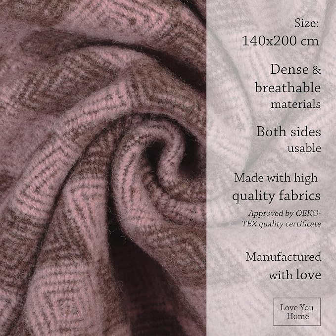 LYHome Wool Blanket 100% - Warm and Cozy Throw for Home Travel Outdoor Camping Picnic & Cold Weather, Decorative Blankets Couch Bed, Warmest Throws (55x79 in | Soft Pink - Brown Scandinavian Rhombus)