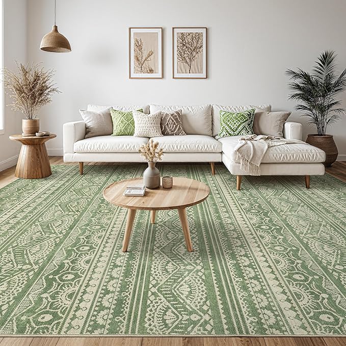 Tortania Area Rug Living Room Rugs - 5x8 Washable Large Soft Neutral Boho Moroccan Bohemian Farmhouse Rug Indoor Floor Carpet for Bedroom Under Dining Table Home Office Decor - Green