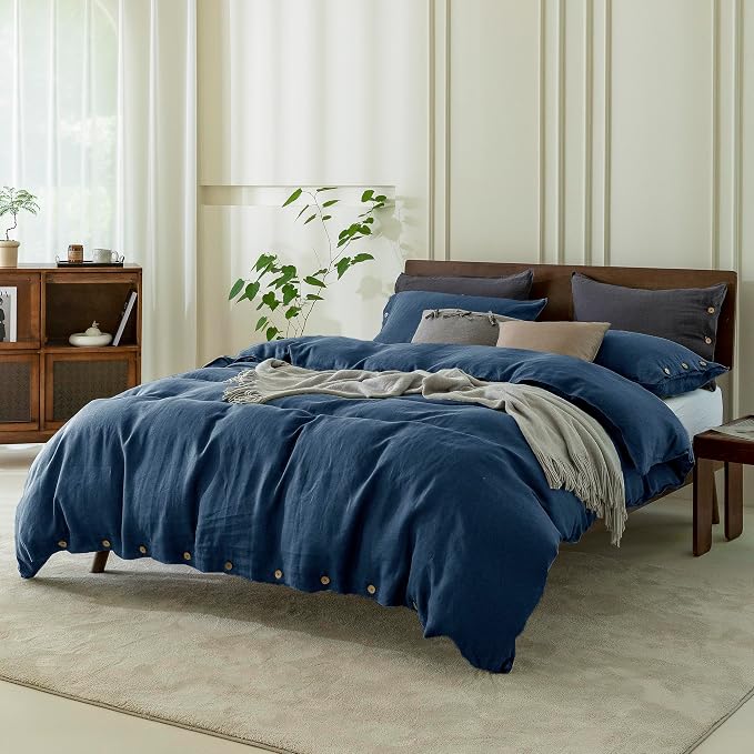 EVERLY100% Pure Linen Duvet Cover Set King Size104X90Inch 3pcs (1 Duvet Cover,2 Pillowcases) Soft and Breathable for All Season with Coconut Button Closure, Suitable for Hot Sleepers-Navy Blue