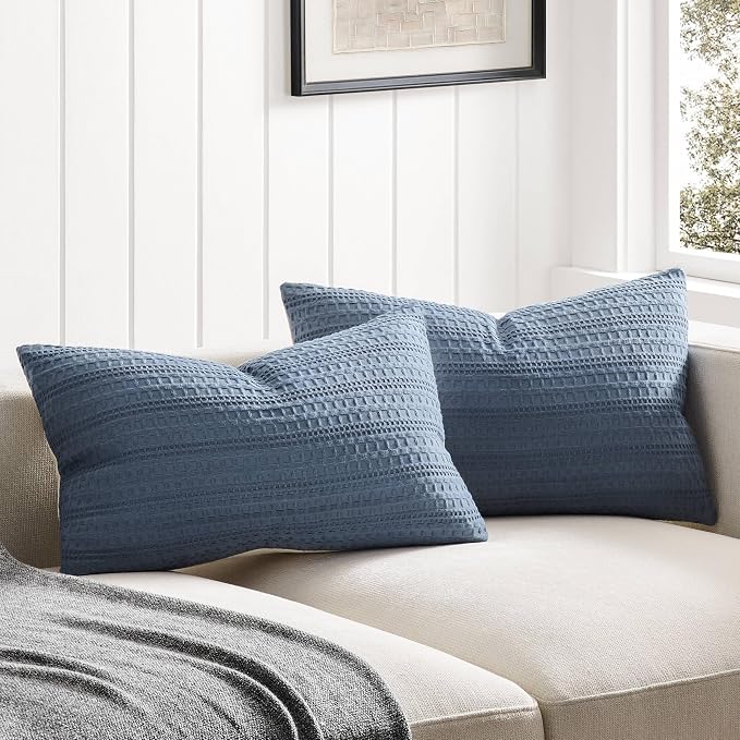ZeeMart 100% Cotton Waffle Textured Lumbar Throw Pillow Covers Set of 2, 12x20 Inch Blue, Soft Farmhouse Decorative Couch Pillow Cases Blue Cushion Covers for Sofa Bed Living Room Home Decor