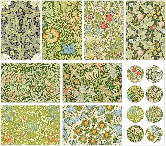 Whaline 40 Packs William Morris Greeting Cards with Envelopes Stickers Vintage Greenery Stationery Card Green Leaves Flower Blank Note Cards for Birthday Baby Shower Party Supplies, 4 x 6 Inch