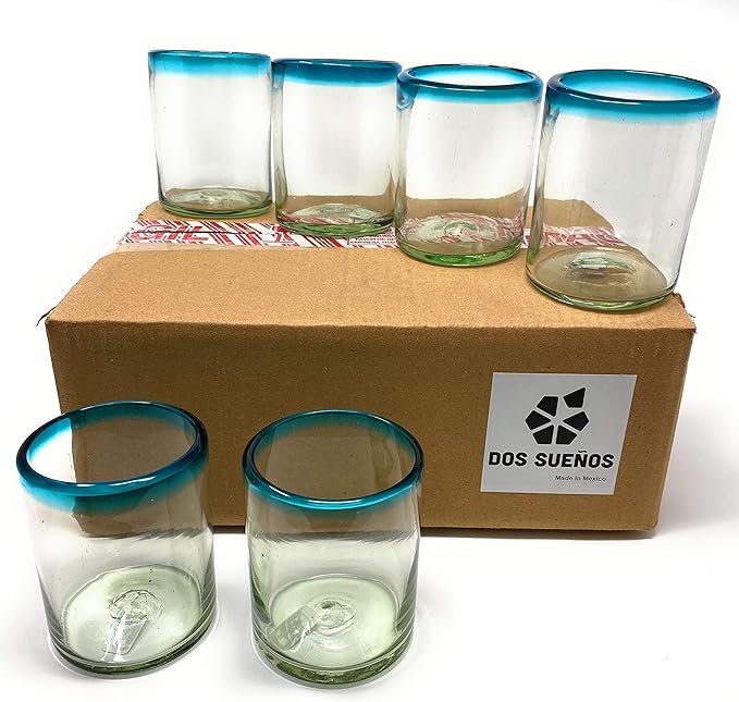 Dos Sueños Hand Blown Mexican Drinking Glasses - Set of 6 Tumbler Glasses with Aqua Blue Rims (10 oz each)