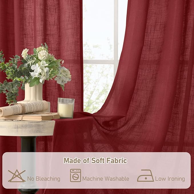 LAMIT Burgundy Red Sheer Linen Curtains, 80 inch Light Filtering Semi Sheer Panels Back Tab and Rod Pocket Christmas Drapes for Bedroom/Living Room, 2 Panels, 52 x 80 Inch