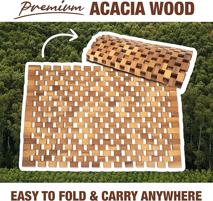 Acacia Wood Bath Mat - Non Slip Sturdy Wooden Shower Mat - Spa, Sauna, Cold Plunge, Camping, Bathroom Décor, Wood Door Mat 20" x 32"