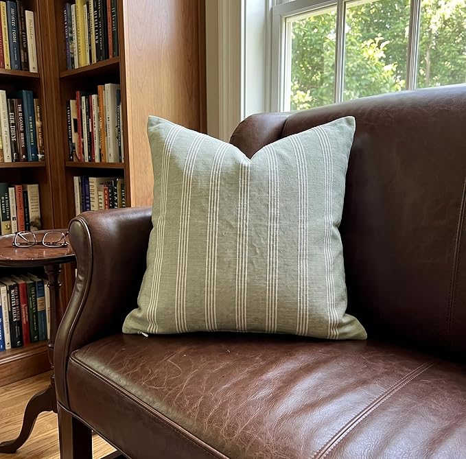 SanVia Cotton Throw Pillow Covers 20x20 – Handwoven Jacquard Texture, Fade-Resistant, No Pilling – Hidden Zipper, Decorative Cushion Cover for Sofa, Couch, Bed – Insert Not Included (Striped, Green)