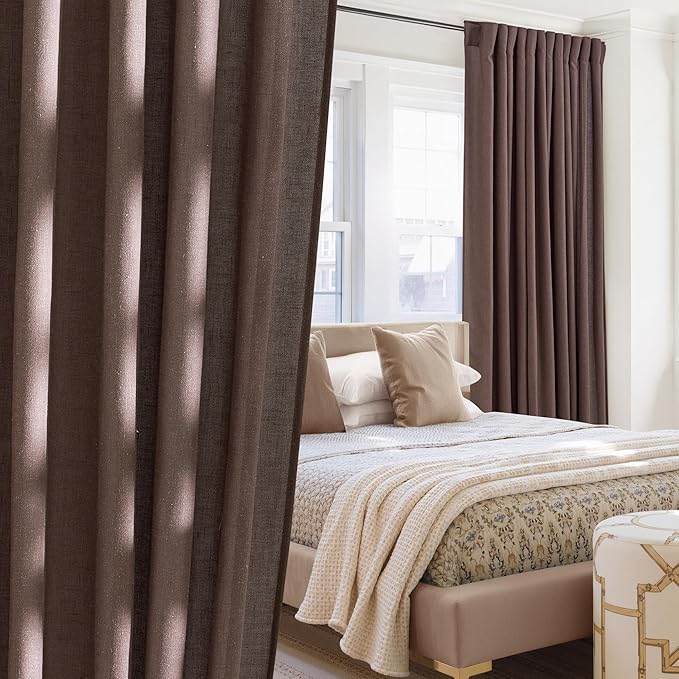 NICETOWN Thick Linen Blend Brown Curtains, Rod Pocket & Back Tab Bedroom Window Treatments Privacy with Light Filtering Drapes Natural Linen Burlap for Living Room, W55 x L108, 2 Panels
