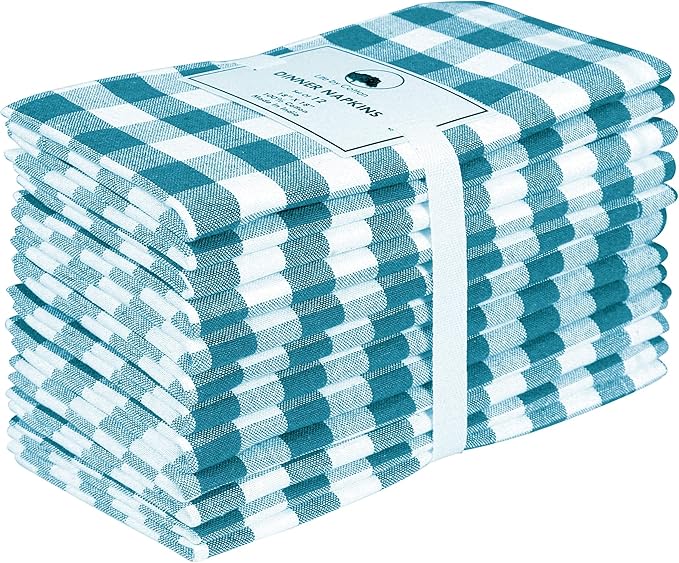 Dinner Napkin Gingham Plaid Check, 100% Cotton, Wedding & Cocktail, Fabric with Mitered Corners & Generous Hem, Set of 12, 18x18 inches, Teal White Checks