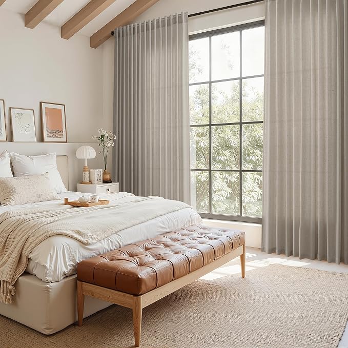 Nanspring Grey Beige Curtains 90 Inches Long for Living Room Linen Light Filtering Semi Sheer Curtain Back Tab Rod Pocket Simple Modern Neutral Elegant Boho Gray Drapes for Bedroom 52x90, 2 Panels