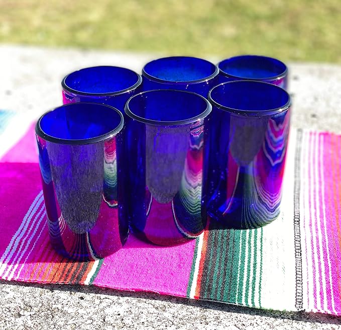 Hand Blown Mexican Drinking Glasses – Set of 6 Cobalt Water Glasses (14 oz each)