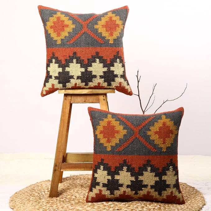 Trade Star 70% Jute 30% Wool Set of 2 Throw Pillow Covers Kilim Cushion Cover Handloomed Rug Decorative Cushion case 18x18 Inches Handwoven Pillowcase (Kilim 16)