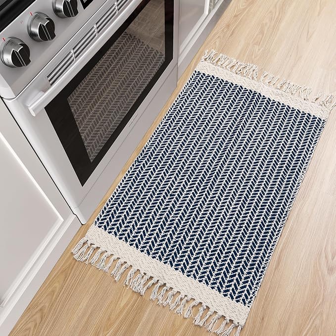 Lahome Belle Boho Bathroom Rugs, Small 2x3 Front Door Mat Lightweight Entryway Rug Woven Cotton Area Rug with Tassels, Farmhouse Non Shedding Washable Blue Throw Rug Low Pile Carpet for Entry Laundry