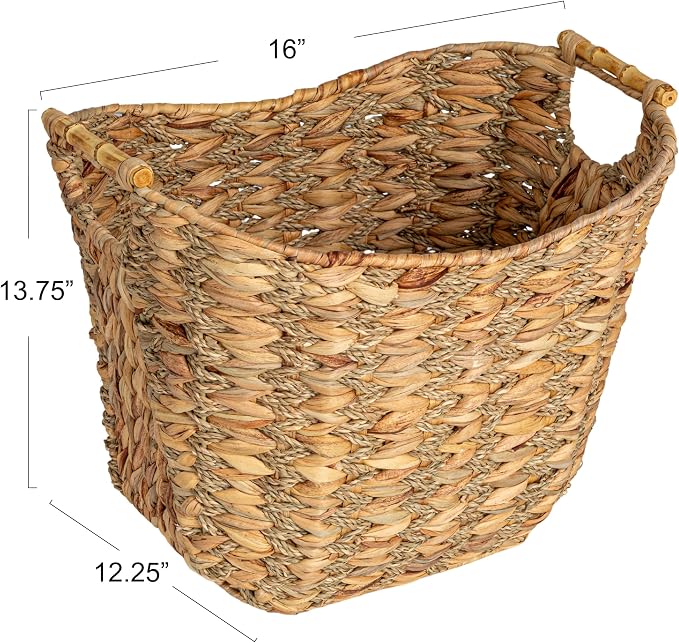 Household Essentials Water Hyacinth Seagrass Scoop Basket with Bamboo Handle, Natural